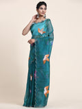 Teal Blue Digital Printed Organza Saree With Satin Green Blouse Piece