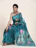 Teal Blue Digital Printed Organza Saree With Satin Green Blouse Piece