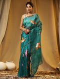 Teal Blue Digital Printed Organza Saree With Satin Green Blouse Piece