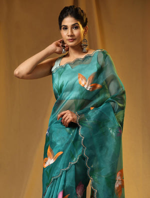 Teal Blue Digital Printed Organza Saree With Satin Green Blouse Piece