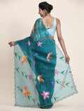 Teal Blue Digital Printed Organza Saree With Satin Green Blouse Piece