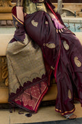 Wine Banarasi Silk Saree With Blouse Piece