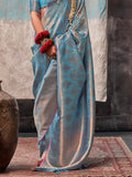 Sky Blue Kanjivaram Silk Saree With Blouse Piece