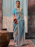 Sky Blue Kanjivaram Silk Saree With Blouse Piece