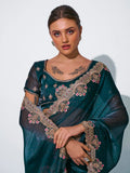 Teal Organza Party Wear Saree With Blouse Piece