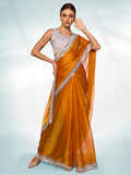 Mustard Organza Party Wear Saree With Blouse Piece