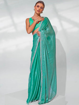 Sea Green Organza Party Wear Saree With Blouse Piece