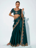 Teal Organza Party Wear Saree With Blouse Piece