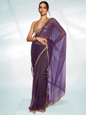 Purple Organza Party Wear Saree With Blouse Piece