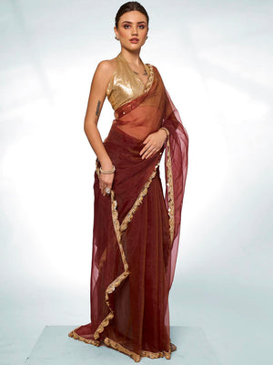 Brown Organza Party Wear Saree With Blouse Piece