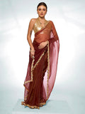 Brown Organza Party Wear Saree With Blouse Piece