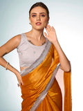 Mustard Organza Party Wear Saree With Blouse Piece