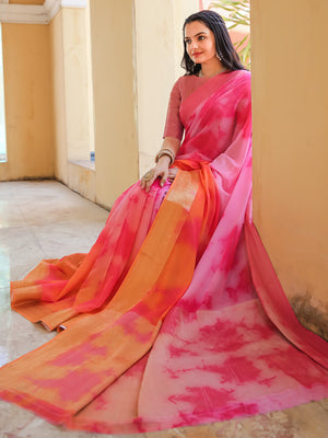 Pink Printed Pure Georgette Saree With Blouse Piece