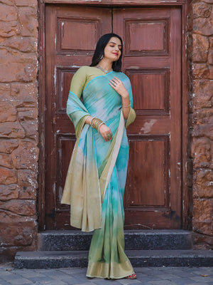 Light Blue Printed Pure Georgette Saree With Blouse Piece