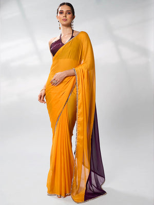 Purple & Mustard Pure Chiffon Party Wear Saree With Blouse Piece