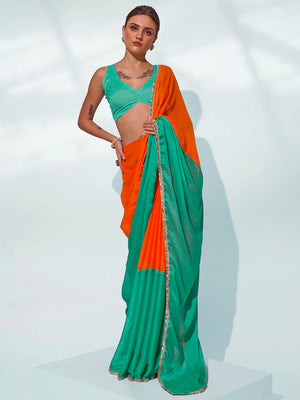 Green & Orange Pure Chiffon Party Wear Saree With Blouse Piece