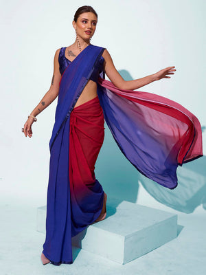 Navy Blue & Rust Satin Party Wear Saree With Blouse Piece