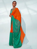 Green & Orange Pure Chiffon Party Wear Saree With Blouse Piece