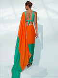 Green & Orange Pure Chiffon Party Wear Saree With Blouse Piece