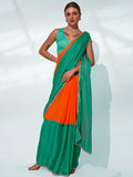 Green & Orange Pure Chiffon Party Wear Saree With Blouse Piece