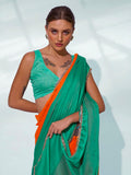 Green & Orange Pure Chiffon Party Wear Saree With Blouse Piece