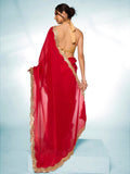 Red Organza Party Wear Saree With Blouse Piece