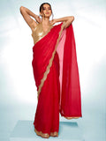 Red Organza Party Wear Saree With Blouse Piece