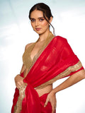 Red Organza Party Wear Saree With Blouse Piece