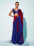 Navy Blue & Rust Satin Party Wear Saree With Blouse Piece