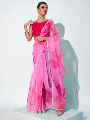 Pink Organza Party Wear Saree With Blouse Piece