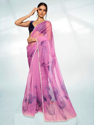 Lavender Organza Party Wear Saree With Blouse Piece