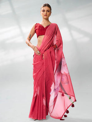 Rust Organza Party Wear Saree With Blouse Piece