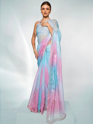 Lavender & Blue Organza Party Wear Saree With Blouse Piece