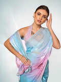 Lavender & Blue Organza Party Wear Saree With Blouse Piece