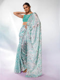 Sea Green Satin Party Wear Saree With Blouse Piece