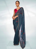 Teal Organza Party Wear Saree With Blouse Piece