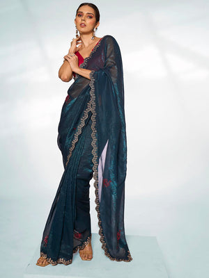 Teal Organza Party Wear Saree With Blouse Piece