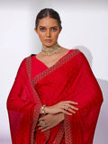 Red Satin Party Wear Saree With Blouse Piece