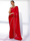 Red Satin Party Wear Saree With Blouse Piece