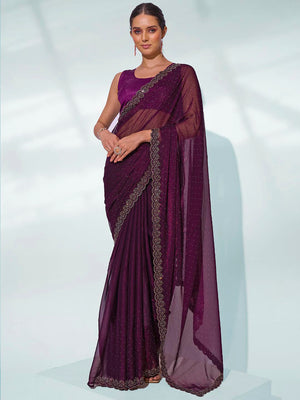 Burgundy Organza Party Wear Saree With Blouse Piece