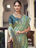 Teal Printed Tussar Silk Saree With Blouse Piece