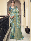 Teal Printed Tussar Silk Saree With Blouse Piece