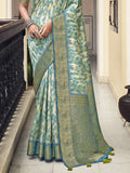 Teal Printed Tussar Silk Saree With Blouse Piece