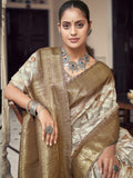 Brown Printed Tussar Silk Saree With Blouse Piece