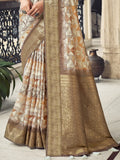 Brown Printed Tussar Silk Saree With Blouse Piece