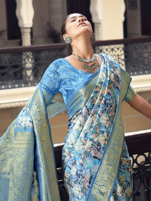 Blue Printed Tussar Silk Saree With Blouse Piece