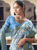 Blue Printed Tussar Silk Saree With Blouse Piece