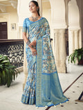 Blue Printed Tussar Silk Saree With Blouse Piece