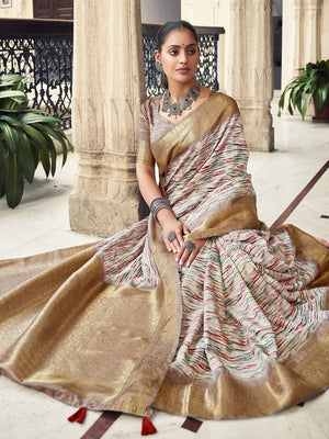 Cream Printed Tussar Silk Saree With Blouse Piece