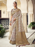 Cream Printed Tussar Silk Saree With Blouse Piece